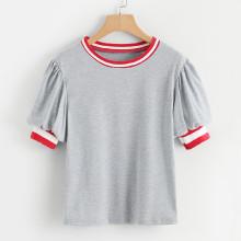 Shein Contrast Stripe Trim Lantern Sleeve Marled Tee