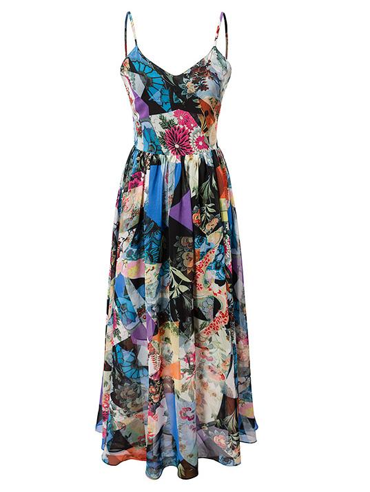 Shein Multicolor Print Spaghetti Strap Lace Up Backless Flare Maxi Dress