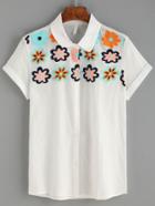 Shein White Flower Embroidered Roll Sleeve Blouse