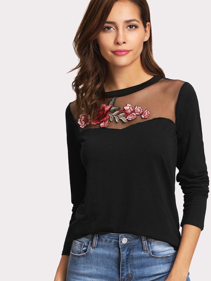 Shein Mesh Panel Embroidered Applique Tee
