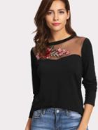 Shein Mesh Panel Embroidered Applique Tee