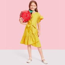 Shein Girls Ruffle Wrap Hem Belted Dress