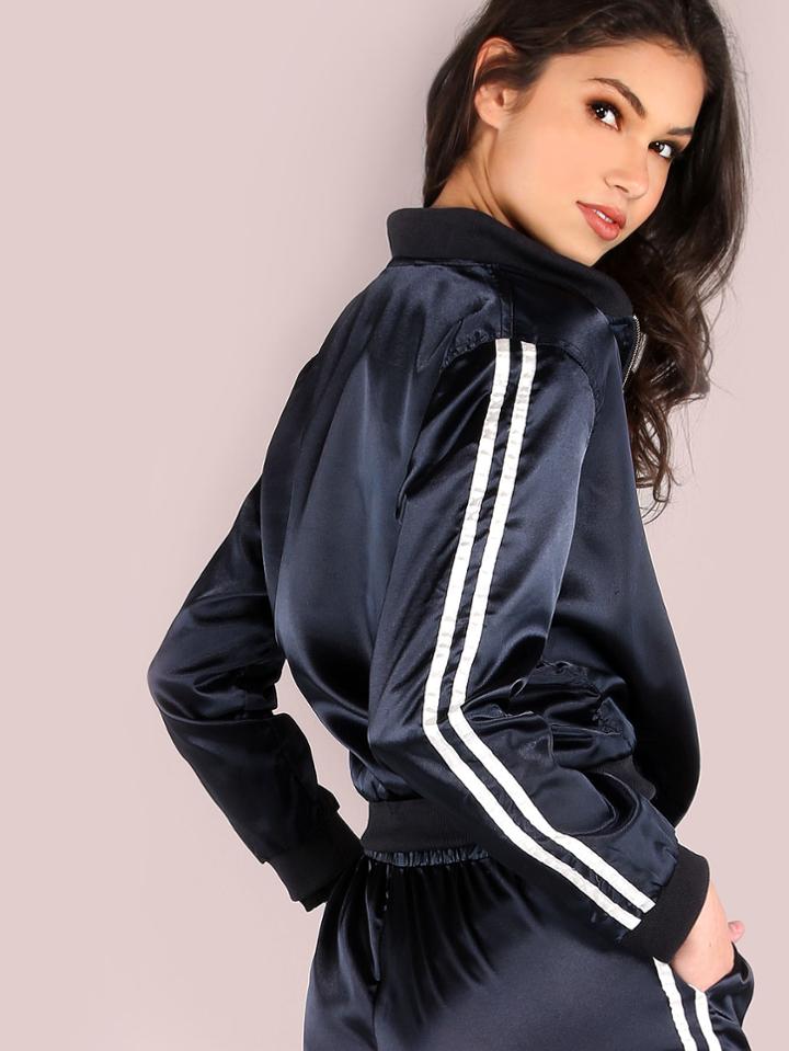 Shein Satin Track Bomber Jacket Navy