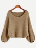 Shein Khaki Batwing Sleeve Slit Side Fuzzy Sweater