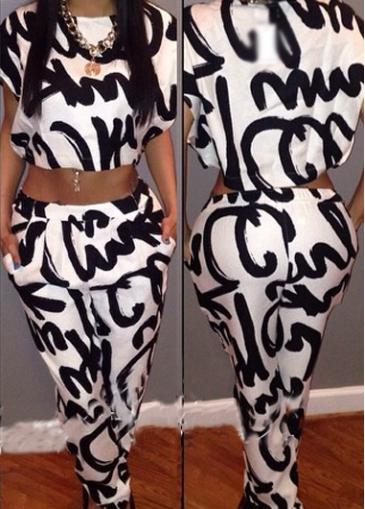 Rosewe Short Sleeve Printed Crop Top And Sheath Pants