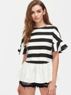 Shein Trumpet Sleeve Striped Frill Hem Top