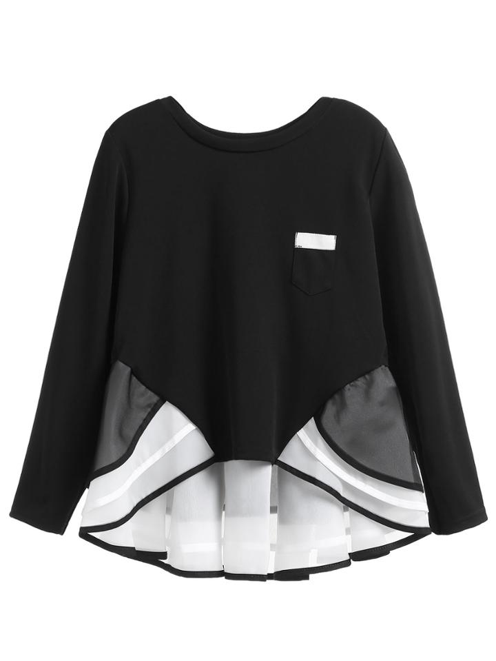 Shein Black Contrast Mesh Ruffle Tiered Hem T-shirt
