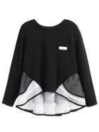 Shein Black Contrast Mesh Ruffle Tiered Hem T-shirt