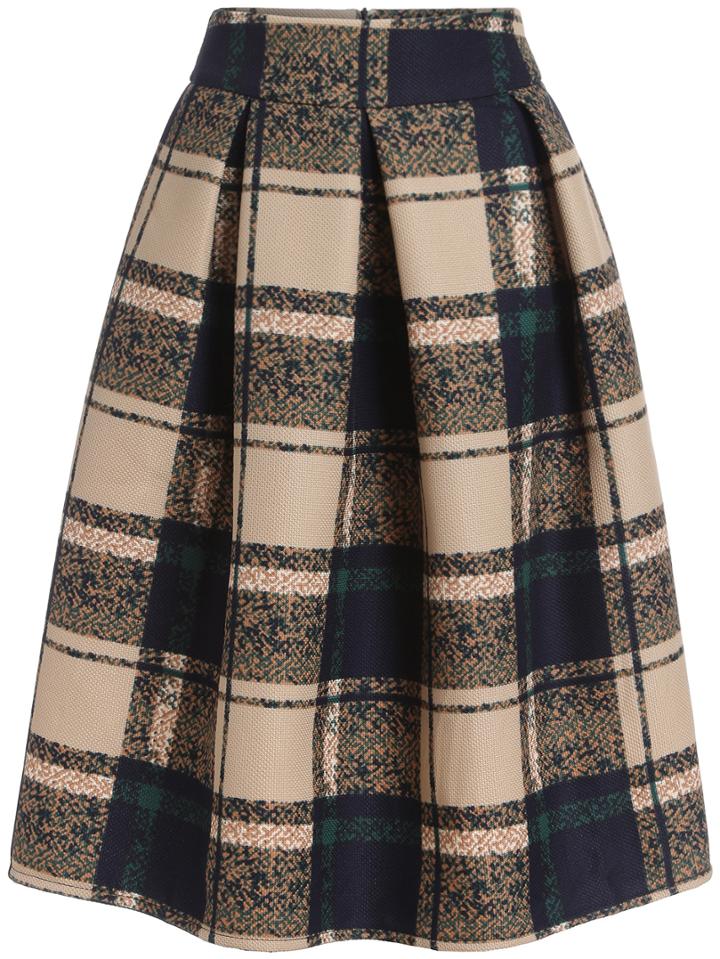 Shein Khaki Vintage Plaid Midi Skirt