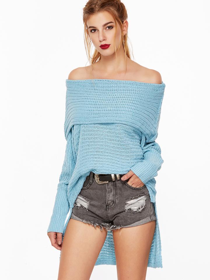 Shein Blue Off The Shoulder High Low Foldover Sweater