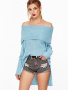 Shein Blue Off The Shoulder High Low Foldover Sweater
