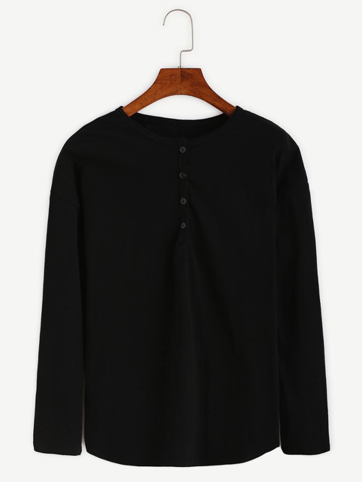 Shein Black Drop Shoulder Button Front T-shirt
