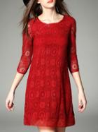 Shein Red Crew Neck Shift Lace Dress