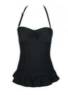 Rosewe Solid Black Lace Up Monokini With Flouncing Decoration