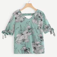 Shein V Neckline Knot Cuff Floral Blouse