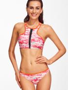 Shein Red Printed Racer Back Zipper Up Bikini Set