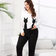 Shein Plus Cat Print Tee & Pants Pj Set