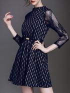 Shein Navy Round Neck Contrast Lace Length Sleeve Drawstring Dress
