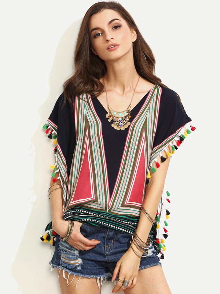 Shein Multicolor Print Tassel Trim Blouse