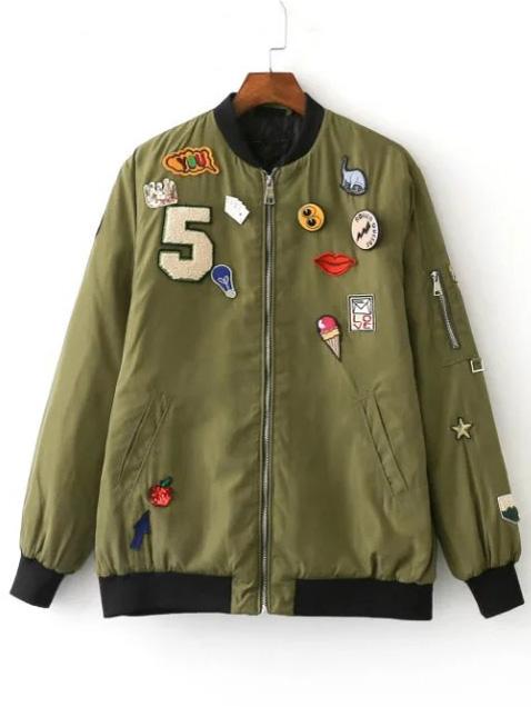 Shein Army Green Crew Neck Applique Pocket Jacket