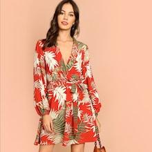 Shein Waist Belted Wrap Plants Print Dress