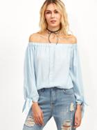 Shein Pale Blue Off The Shoulder Tie Sleeve Blouse