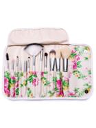 Shein 12pcs White Professional Makeup Brush Set With Floral Print Bag