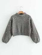 Shein Lantern Sleeve Faux Pearl Crop Sweater