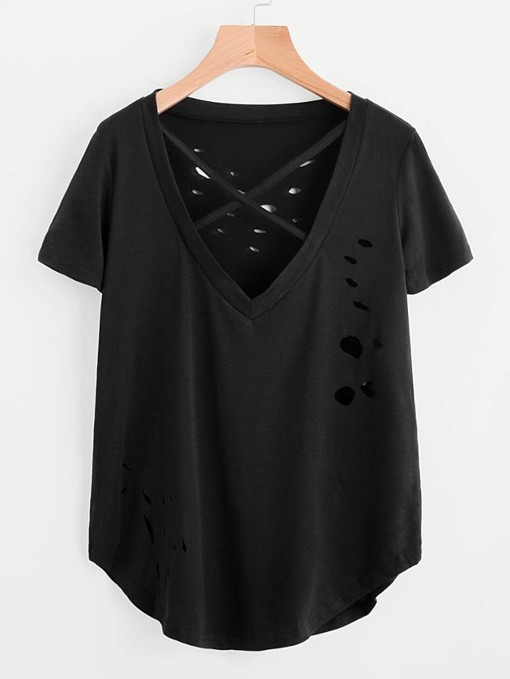 Shein V Neckline Criss Cross Ripped Tee