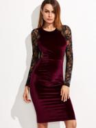 Shein Burgundy Contrast Lace Back And Sleeve Velvet Pencil Dress