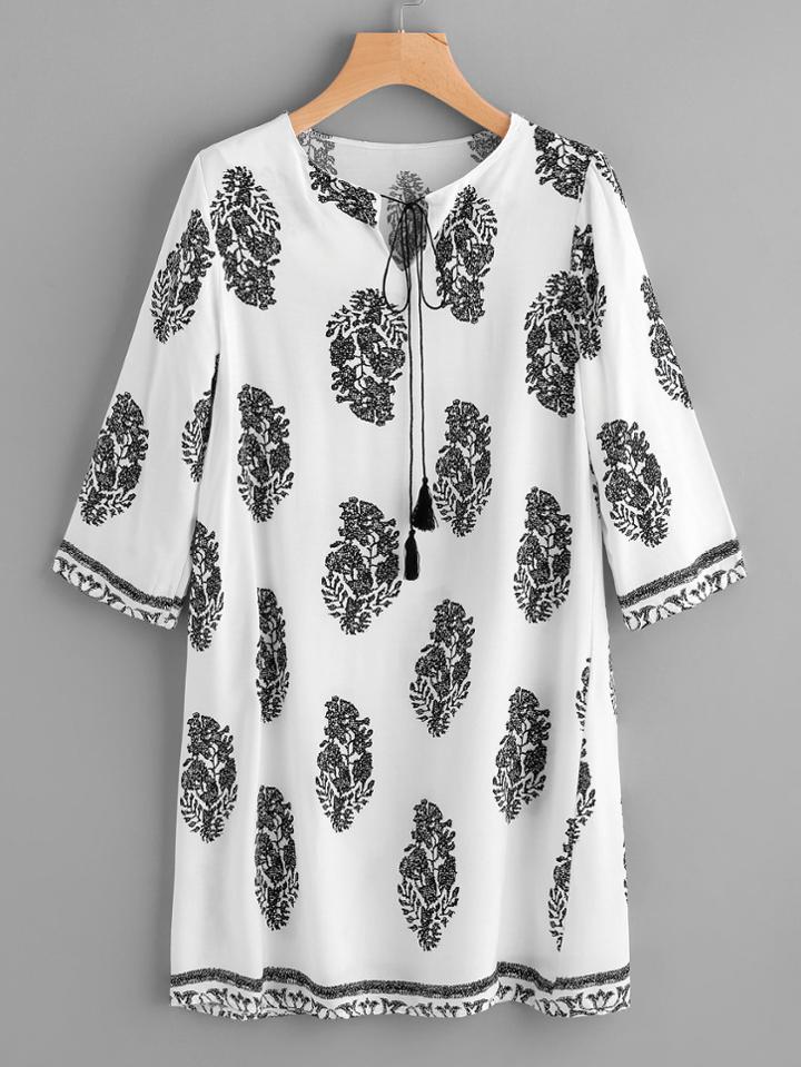 Shein Vintage Print Tassel Tie Neck Dress