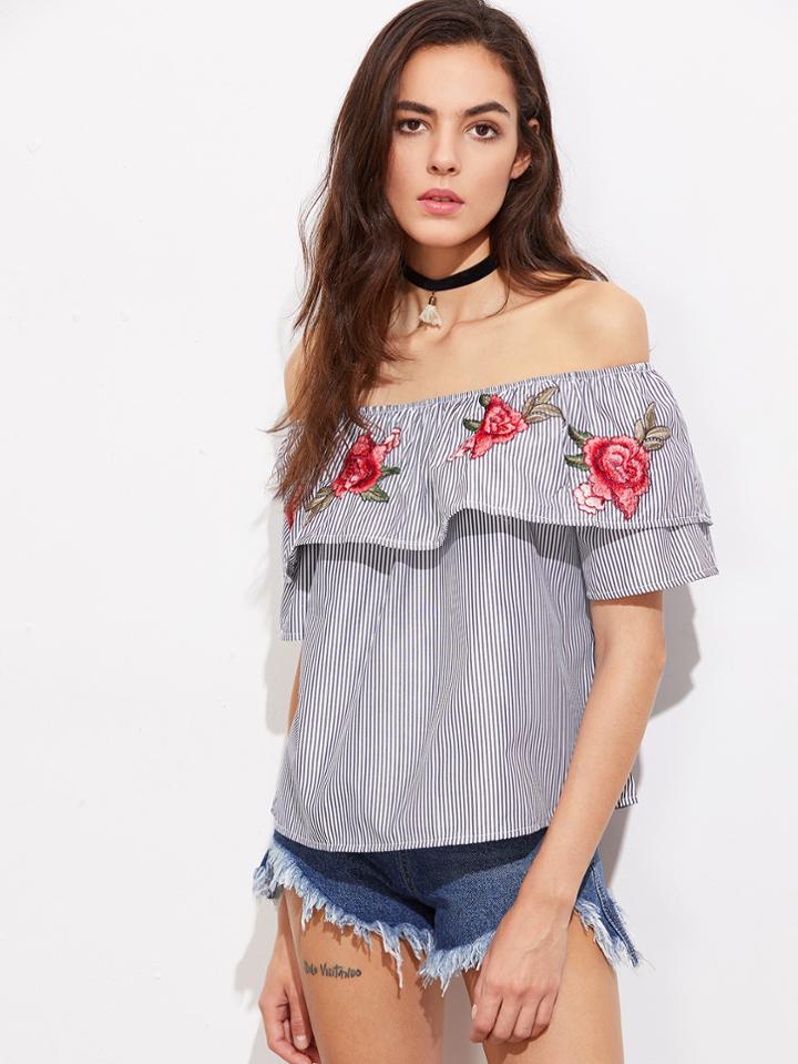 Shein Flounce Layered Neckline Embroidered Pinstripe Top