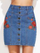 Shein Blue Flower Embroidered Button Up Denim Skirt