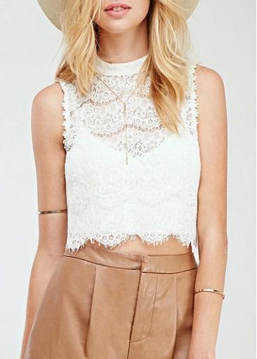 Rosewe Solid White Lace Sleeveless Crop Top