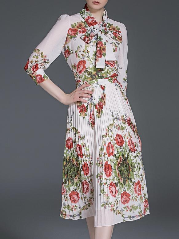 Shein White Tie Neck Floral Top With Pleated Skirt