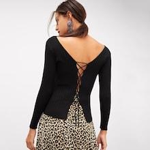 Shein Lace Up Ribbed Knit Sweater