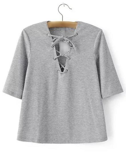 Shein Grey Half Sleeve Criss Cross Tie T-shirt