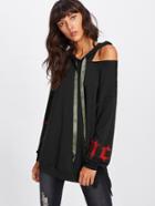 Shein Cutout Shoulder High Low Embroidered Hoodie