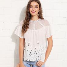 Shein Mesh Shoulder Eyelet Embroidered Top