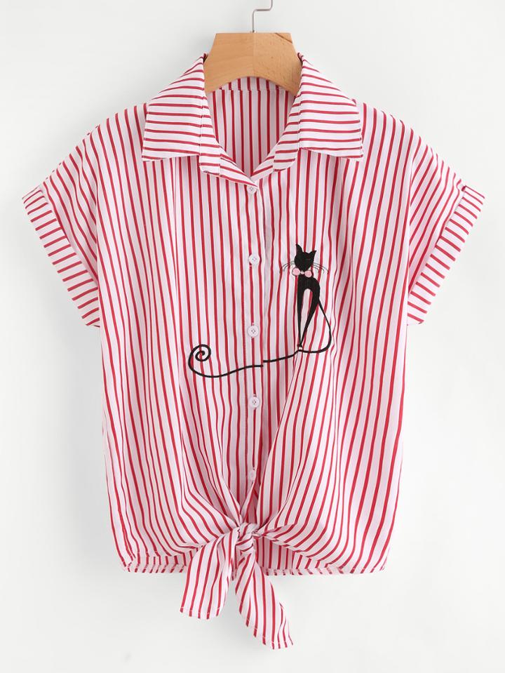 Shein Cat Embroidered Cuffed Tie Hem Striped Shirt