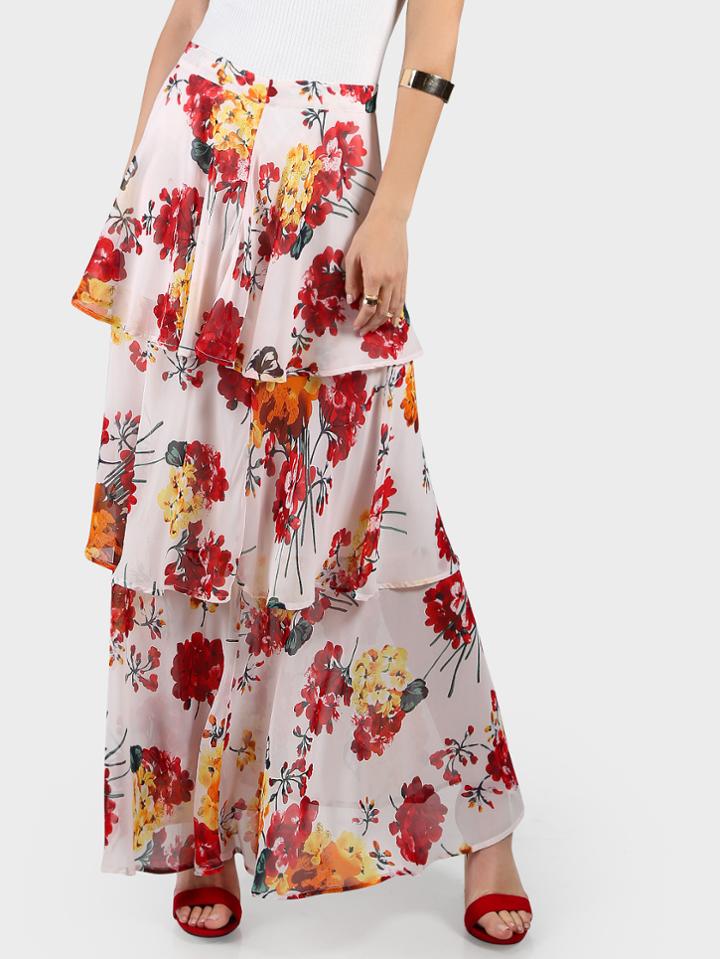 Shein Zip Back Floral Tiered Maxi Skirt