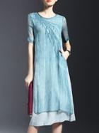 Shein Blue Embroidered Pockets Linen Shift Dress