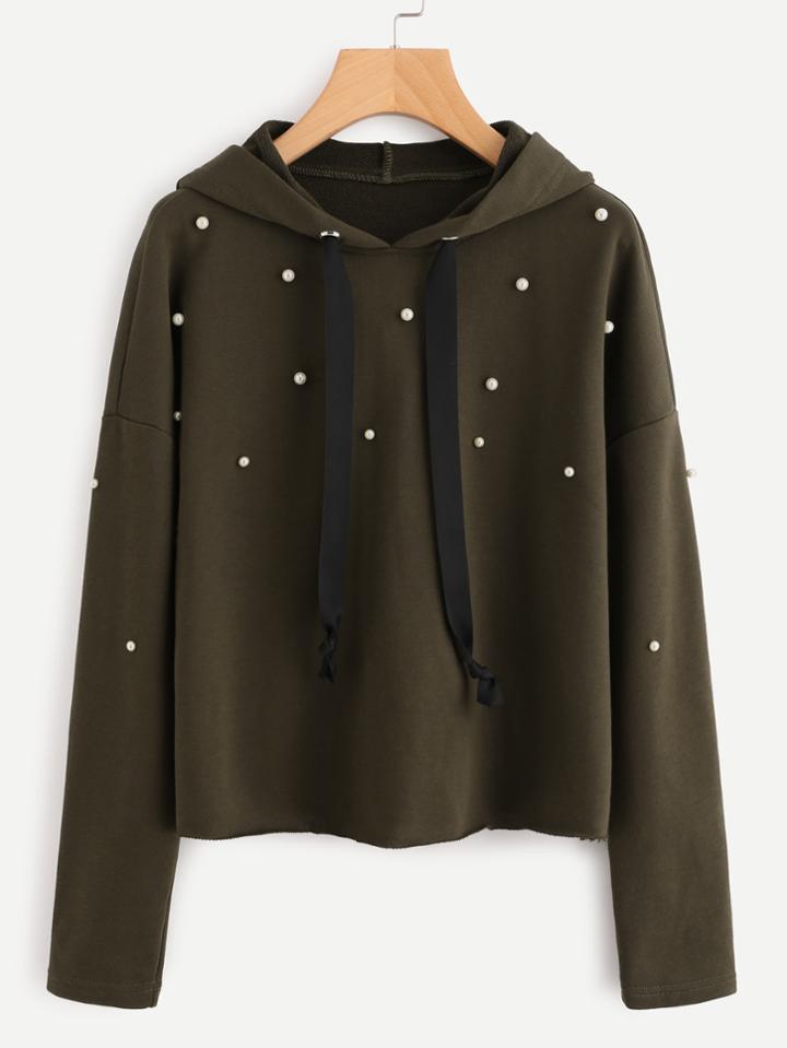 Shein Drop Shoulder Pearl Beading Raw Hem Hoodie