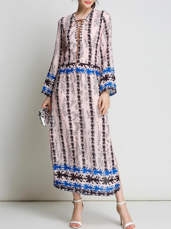 Shein Lace Up Neck Print Split Dress