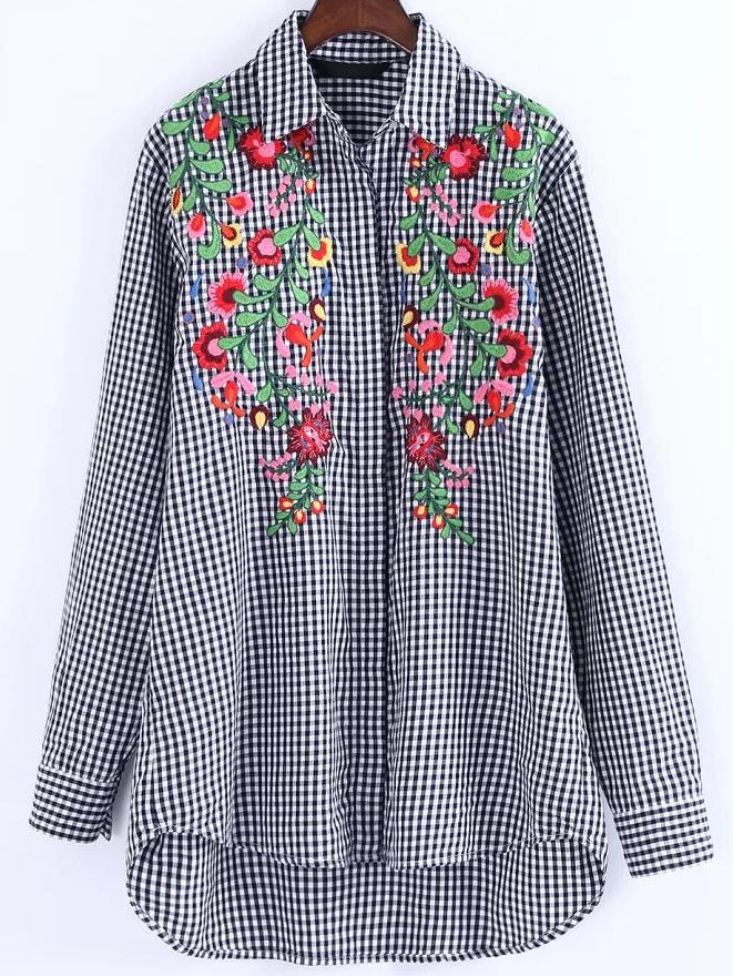 Shein Black And White Checked Embroidered High Low Shirt Dress