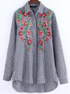 Shein Black And White Checked Embroidered High Low Shirt Dress