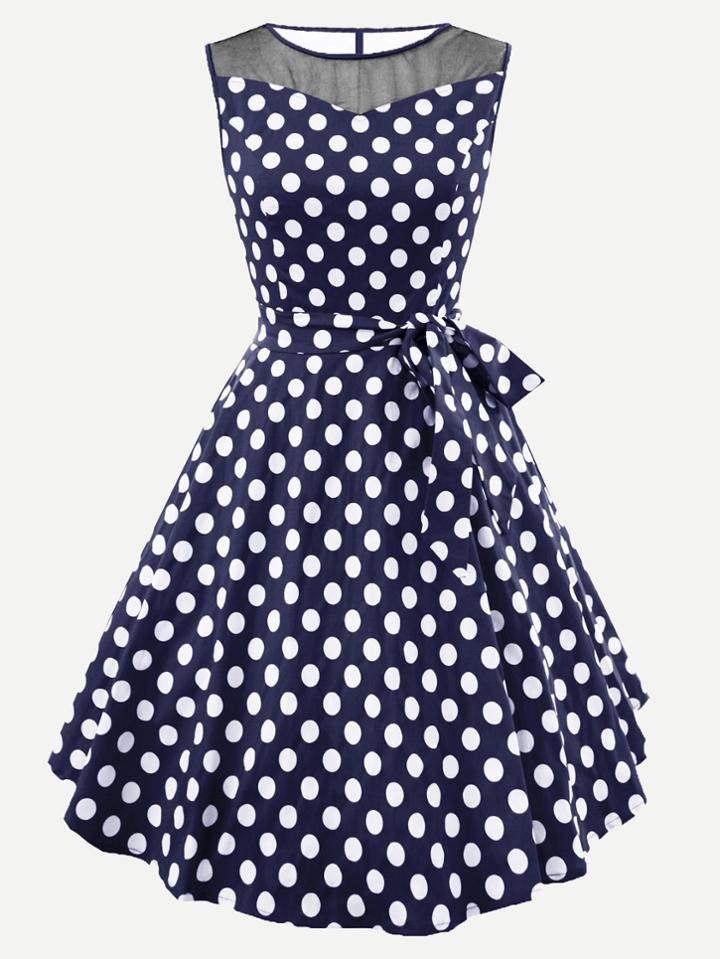 Shein Sheer Mesh Panel Spot Zip Up Dress