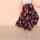 Shein Plus Lace Trim Floral Print Drawstring Waist Skirt
