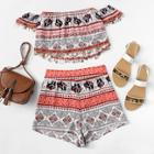 Shein Tribal Print Metal Disc Hem Top & Shorts Set