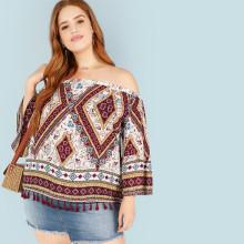 Shein Plus Geo Print Tassel Hem Bardot Top
